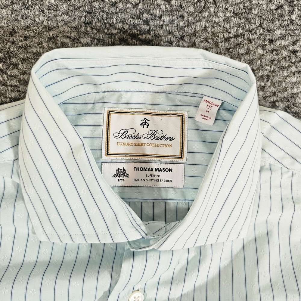 Brooks Brothers Luxury Thomas Mason Blue and White Pinstripe Button-Down Shirt - Picture 3 of 8